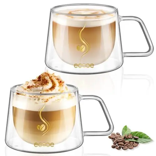 Produktbild: ecooe Doppelwandige Kaffeegläser 350ml Latte Macchiato Gläser 2er Set, Borosilikatglas Kaffeetassen Glas Doppelwandig Kaffeeglas Teegläser mit Henkel Löffel für Cappuccino, Tee, EIS, Milch, Bier