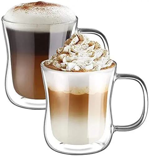 Produktbild: ecooe Doppelwandige Latte Macchiato Gläser Set Borosilikatglas Kaffeetassen Glas 2er Set 350ml Kaffeeglas Teegläser mit Henkel für Cappuccino,Tee,EIS,Milch,Bier