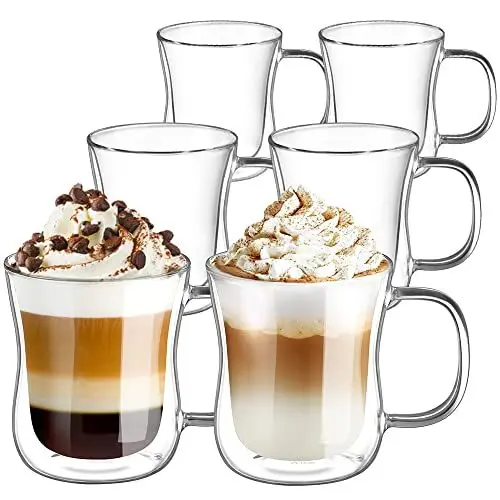 Produktbild: ecooe Doppelwandige Latte Macchiato Gläser Set Borosilikatglas Kaffeetassen Glas 6er Set 350ml Kaffeeglas Teegläser mit Henkel für Cappuccino,Latte Macchiato,Tee,EIS,Milch,Bier
