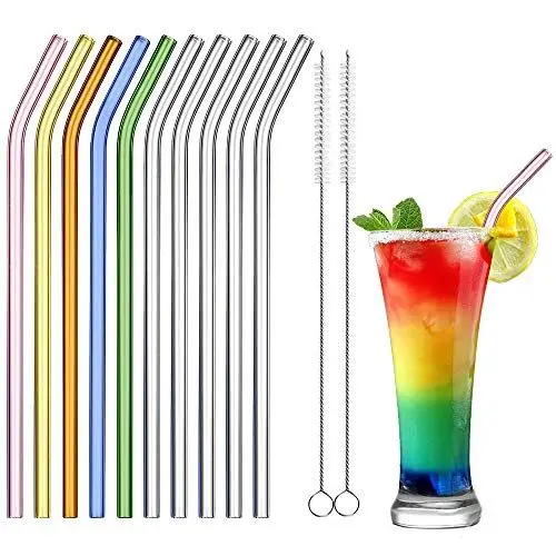 Produktbild: ecooe Glas Strohhalme 10 Wiederverwendbar Trinkhalme 0.8 * 21.1cm Strohhalme aus Glas Gebogen mit 2 Reinigungsbürsten Umweltfreundlich Spülmaschinenfest Für Smoothie Milchshake Cocktail Saft