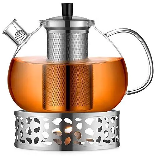 Produktbild: ecooe Original 2000ml Silberne Teekanne Glas Borosilikatglas Teebereiter mit 18/8 Edelstahl Stövchen Abnehmbare Sieb Hitzebeständig für Schwarzen Tee Grüner Tee Fruchttee Duftender Tee Teebeutel