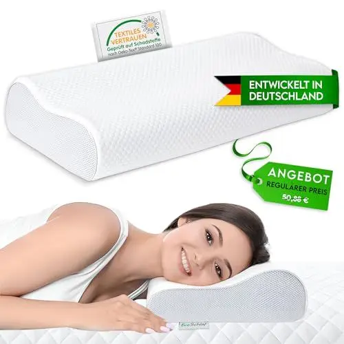 Produktbild: EcoSchlaf® Orthopädisches Kissen 2024 Premium Nackenstützkissen – Zertifiziert – Seitenschläferkissen Nackenkissen aus Soft Memory Foam – Ergonomisches Kopfkissen – Nackenschmerzen – Höhenverstellbar