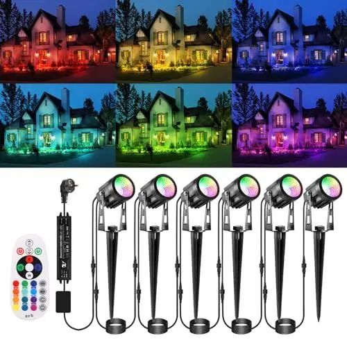 Produktbild: ECOWHO RGB Gartenbeleuchtung LED mit Fernbedienung und Timer,IP65 wasserdichte RGB gartenstrahler mit Strom，21M gartenleuchten mit Erdspieß für Außen Garten Rasen Bäume, Wege, Party und Teich（6 Stück）