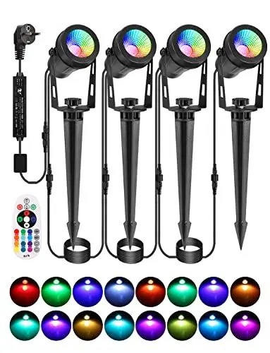 Produktbild: ECOWHO RGB Gartenstrahler mit Fernbedienung und Timer, IP65 wasserdichte Gartenlampen mit Strom, 15M RGB Gartenleuchte mit Erdspieß für Garten, Bäume, Wege, Party und Teich(4er-Set)