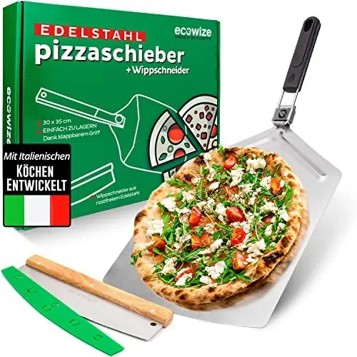 Produktbild: Ecowize Professionelle Pizzaschieber Edelstahl - Pizza Schaufel XXL mit klappbarem Griff - Pizzaschaufel Edelstahl Extra GROß - 30 cm x 35cm - Pizzawender Edelstahl - Top Verarbeitung