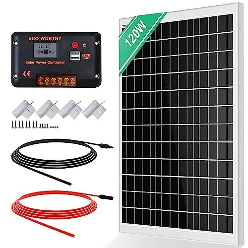 Produktbild: ECO-WORTHY 120W Solarpanel Kit: 120W12V Monokristallinem Solarmodul + 30 A Solarladeregler + 5m Solarkabel + Z-Befestigungsklammern für Wohnmobil,Wohnwagen,Haushalt und Off-Grid-System