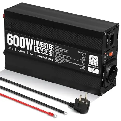 Produktbild: ECO-WORTHY 600W Wechselrichter Ladegerät 12V auf 220V, Reiner Sinus Wechselrichter und 25A LifePO4 Batterie ladegerät 2-in-1 für Wohnmobile, Anhänger, Wohnmobile, Häuser und Boote