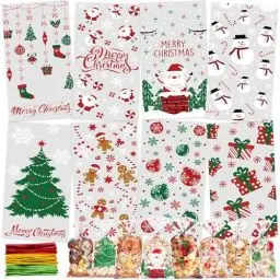 Produktbild: ECtury 120 Stück Kekstüten Weihnachten, 8 Stile Plätzchentüten, Geschenktüten Weihnachten, Weihnachtstüten zum Befüllen, Cellophantüten, Süßigkeiten weihnachten Tüten mit Twist Krawatten