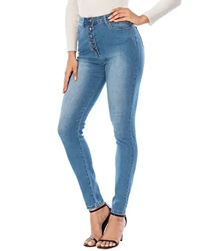Produktbild: Ecupper Damen Skinny Fit Jeans Slim High Waist Femal Jeans Stretch Jeanshosen Hellblau-5 Knopf S