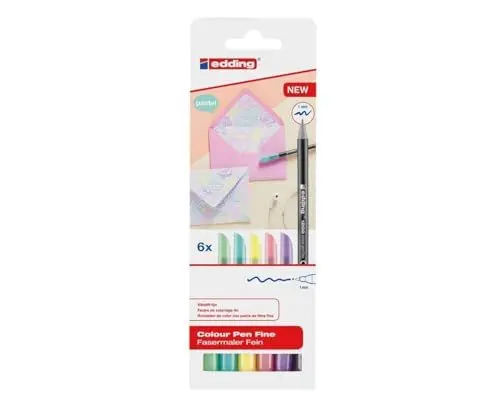 Produktbild: edding 1200 Fasermaler fein - 2x grün, 1x gelb, 1x rot, 1x lila, 1x grau - Set mit 6 Pastellfarben - Rundspitze 1 mm - Filzstift zum Zeichnen und Schreiben - Schule, Mandala