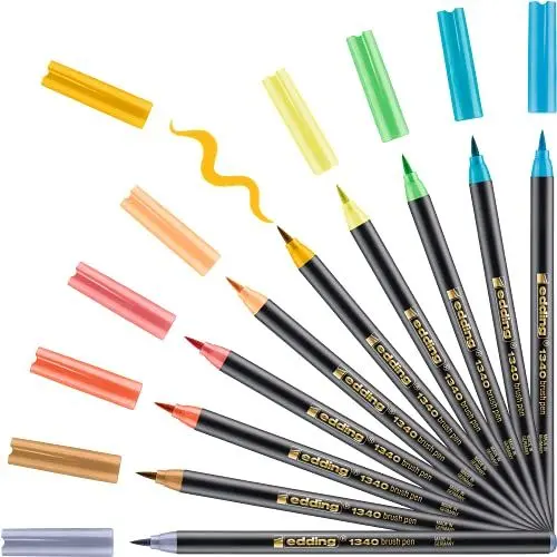 Produktbild: edding 1340 Pinselstift - 10er Set - sanfte Farben - flexible Pinselspitze - Filzstift zum Malen, Schreiben und Zeichnen - Bullet Journals, Hand-Lettering, Mandalas, Kalligraphie