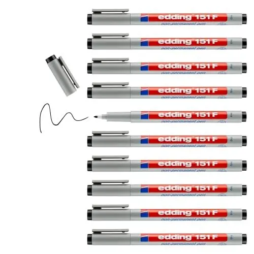 Produktbild: edding 151 F Non-permanent pen - schwarz - 10 Stifte - Rundspitze 0,6 mm - Stift zum Schreiben auf Glas, Kunststoff, Folien und glatten Oberflächen - schnelltrocknend, mit Wasser korrigierbar