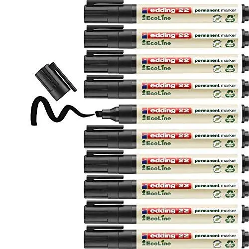 Produktbild: edding 22 Permanentmarker - schwarz - 10 Stifte - Keil-Spitze 1-5 mm - schnell trocknender Permanent Marker - wasserfest, wischfest - für Karton, Kunststoff, Holz, Metall - Universalmarker