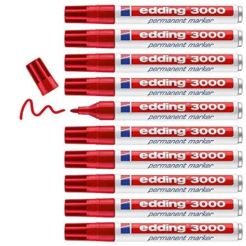 Produktbild: edding 3000 Permanentmarker - rot - 10 Stifte - Rund-Spitze 1,5-3 mm - schnell trocknender Permanent Marker - wasserfest, wischfest - für Karton, Kunststoff, Holz, Metall - Universalmarker
