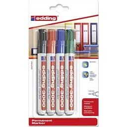 Produktbild: edding 3000 Permanentmarker - schwarz, rot, blau, grün - 4 Stifte - Rund-Spitze 1,5-3 mm - schnell trocknend, wasserfest, wischfest - für Karton, Kunststoff, Holz, Metall - Universalmarker