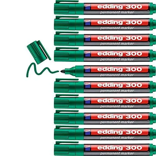Produktbild: edding 300 Permanentmarker - grün - 10 Stifte - Rundspitze 1,5-3 mm - wasserfest, schnell-trocknend - wischfest - für Karton, Kunststoff, Glas, Holz, Metall, Glas