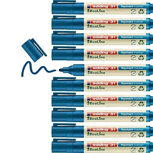 Produktbild: edding 31 EcoLine Flipchartmarker - blau - 10 Stifte - Rundspitze 1,5-3 mm - zum Schreiben, Zeichnen auf Flipcharts - Tinte schlägt nicht durch Papier - trocknet nicht aus - nachfüllbar