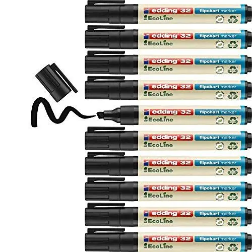 Produktbild: edding 32 EcoLine Flipchartmarker - schwarz - 10 Stifte - Keilspitze 1-5 mm - zum Schreiben, Zeichnen auf Flipcharts - Tinte schlägt nicht durch Papier - trocknet nicht aus - nachfüllbar