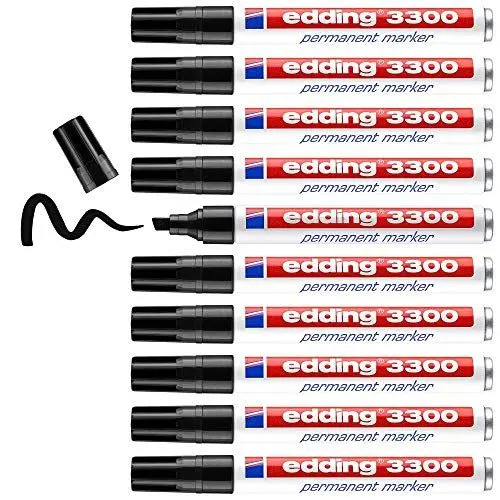 Produktbild: edding 3300 Permanentmarker - schwarz - 10 Stifte - Keil-Spitze 1-5 mm - schnell trocknender Permanent Marker - wasserfest, wischfest - für Karton, Kunststoff, Holz, Metall - Universalmarker