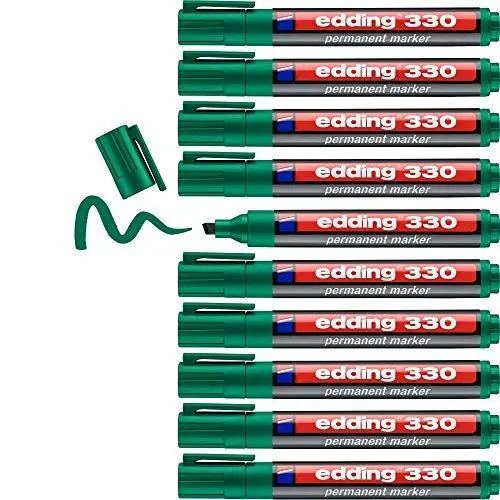 Produktbild: edding 330 Permanentmarker - grün - 10 Stifte - Keil-Spitze 1-5 mm - wasserfest, schnell-trocknend - wischfest - für Karton, Kunststoff, Glas, Holz, Metall, Glas