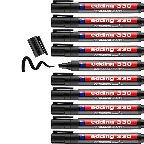 Produktbild: edding 330 Permanentmarker - schwarz - 10 Stifte - Keil-Spitze 1-5 mm - wasserfest, schnell-trocknend - wischfest - für Karton, Kunststoff, Glas, Holz, Metall, Glas