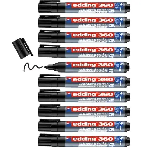 Produktbild: edding 360 Whiteboardmarker - schwarz - 10 Whiteboard Stifte - Rundspitze 1,5-3 mm - Boardmarker abwischbar - für Whiteboard, Flipchart, Magnettafel, Pinnwand, Memoboard - Sketchnotes - nachfüllbar