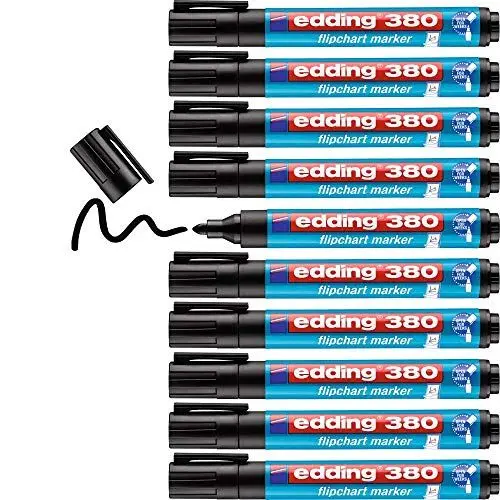 Produktbild: edding 380 Flipchart-Marker - schwarz - 10 Stifte - Rundspitze 1,5-3 mm - Stift zum Schreiben, Zeichnen und Markieren auf Flipcharts-Tinte schlägt nicht durch Papier - trocknet nicht aus -farbintensiv