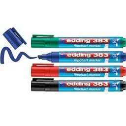 Produktbild: edding 383 Flipchart-Marker - 4er-Set - schwarz, rot, blau, grün - Keilspitze 1-5 mm - Stift zum Schreiben, Zeichnen und Markieren auf Flipcharts - Tinte schlägt nicht durch Papier -trocknet nicht aus