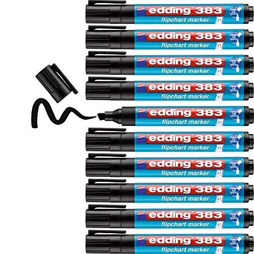 Produktbild: edding 383 Flipchart-Marker - schwarz - 10 Stifte - Keilspitze 1-5 mm - Stift zum Schreiben, Zeichnen und Markieren auf Flipcharts - Tinte schlägt nicht durch Papier - trocknet nicht aus -farbintensiv