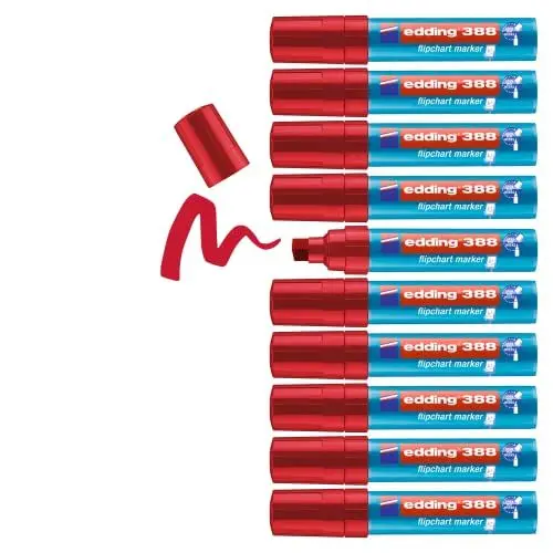 Produktbild: edding 388 Flipchart-Marker - rot - 10 Stifte - Keilspitze 4-12 mm - Stift zum Schreiben, Zeichnen und Markieren auf Flipcharts - Tinte schlägt nicht durch Papier - trocknet nicht aus - farbintensiv