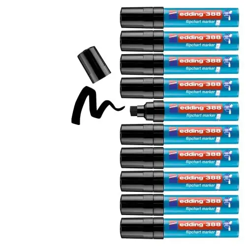 Produktbild: edding 388 Flipchart-Marker - schwarz - 10 Stifte - Keilspitze 4-12 mm - Stift zum Schreiben, Zeichnen und Markieren auf Flipcharts-Tinte schlägt nicht durch Papier - trocknet nicht aus - farbintensiv