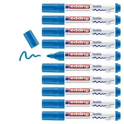 Produktbild: edding 4500 Textilmarker - hell-blau - 10 Stück - Rundspitze 2-3 mm - Textilstifte waschmaschinenfest (60 °C) zum Stoff bemalen - Stoffmalstift