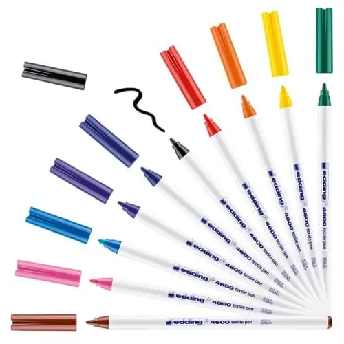 Produktbild: edding 4600 Textilstift - 10 Farben im Set (Basic) - Rundspitze 1 mm - Textilstifte waschmaschinenfest (60 °C) zum Stoff bemalen - Stoffmalstift
