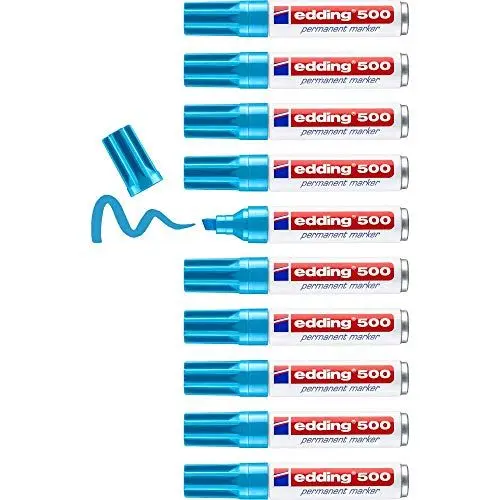 Produktbild: edding 500 Permanentmarker - hellblau - 10 Stifte - Keil-Spitze 2-7 mm - wasserfest, schnell-trocknend - wischfest - für Karton, Kunststoff, Holz, Metall, Glas