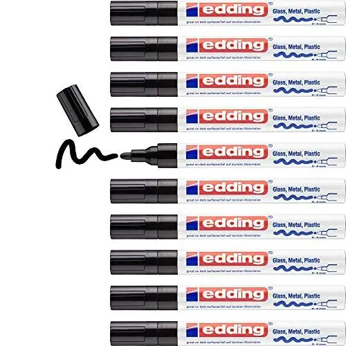 Produktbild: edding 750 Glanzlackmarker - schwarz - 10 Lackmarker - Rundspitze 2-4 mm - Lackstift für Glas, Stein, Holz, Kunststoff und Papier - wasserfest, stark deckend