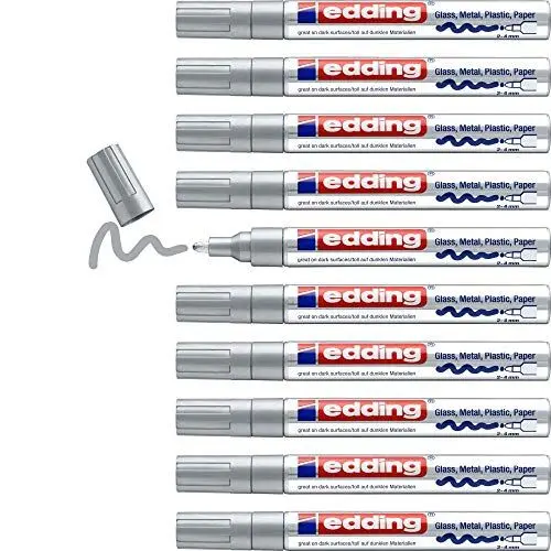 Produktbild: edding 750 Glanzlackmarker - silber - 10 Lackmarker - Rundspitze 2-4 mm - Lackstift für Glas, Stein, Holz, Kunststoff und Papier - wasserfest, stark deckend