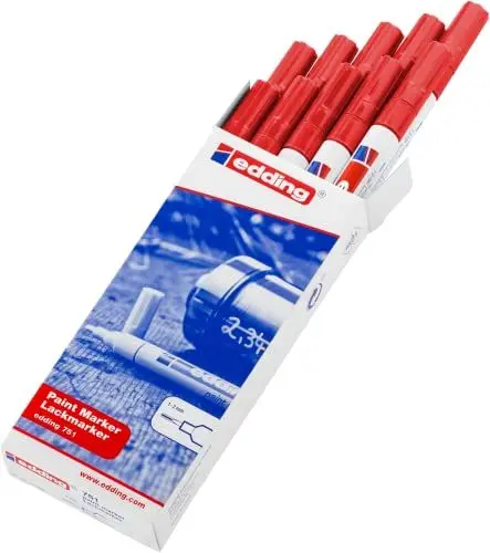 Produktbild: edding 751 Lackmarker - rot - 10 Stifte - Rundspitze 1-2 mm - Lackstift zur Markierung und Beschriftung von Metall, Glas, Stein oder Kunststoff - hitzebeständig, permanent, wisch- und wasserfest