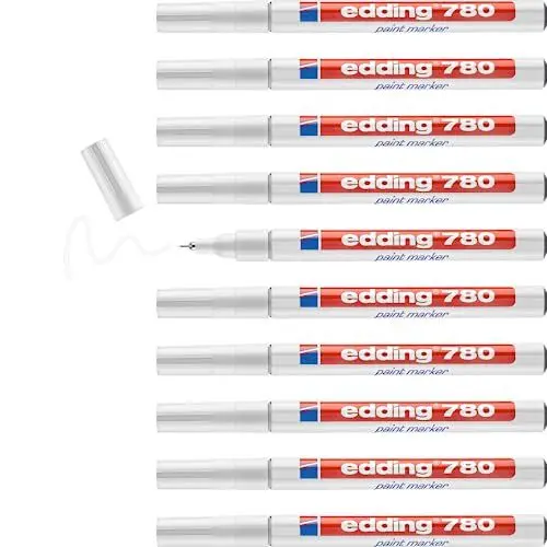 Produktbild: edding 780 Lackmarker - weiß - 10 Stifte - Rundspitze 0,8 mm - Lackstift zur Markierung und Beschriftung von Metall, Glas, Stein oder Kunststoff - hitzebeständig, permanent, wischfest