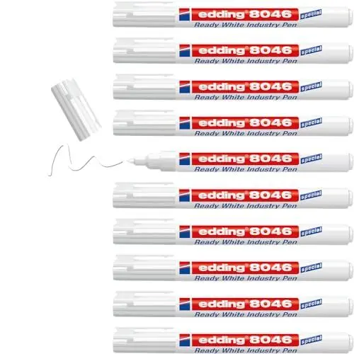 Produktbild: edding 8046 Ready white industry pen - weiß - 10 Stifte - Rundspitze 1-3 mm - weißer Permanentmarker zur Markierung und Beschriftung von Metall, Glas, Stein oder Kunststoff - permanent & wischfest