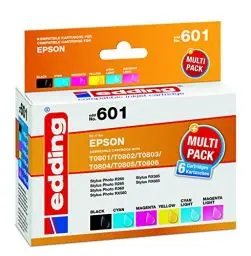 Produktbild: edding Druckerpatrone EDD-601 - Multipack 6 - Schwarz, Cyan, Magenta, Gelb, Foto-Cyan, Foto-Magenta - 6x 10,5 ml - Reichweite 1x 330 5x 585 Seiten - Ersetzt Epson T0801/T0802/T0803/T0804/T0805/T0806