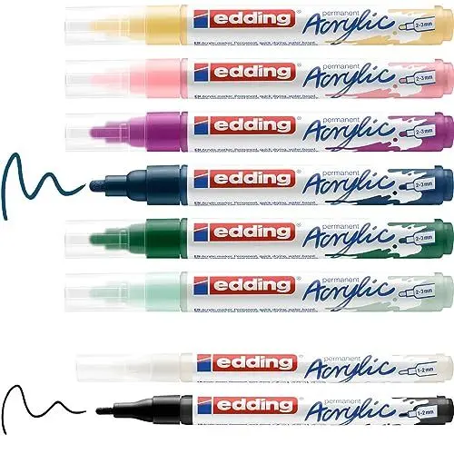 Produktbild: edding Start Easy Set - Acrylstifte wasserfest fein und medium, inkl. Postkartenblock - 8 Acrylfarben Set (nordic) - Acryl Farben zum Malen auf Leinwand oder Holz - Acrylstifte für Steine