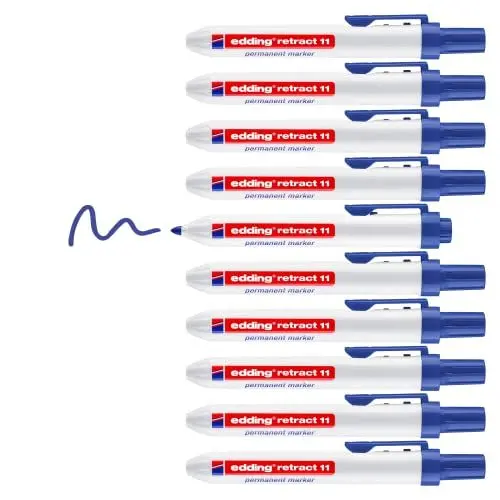 Produktbild: edding retract 11 Permanentmarker - blau - 10 Stifte - Rundspitze 1,5-3 mm - wasserfest, schnell-trocknend - Permanentmarker für einfache Einhandbedienung - für Karton, Kunststoff, Holz, Metall, Glas