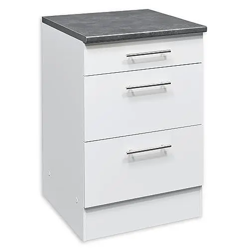 Produktbild: Eddy Moderner Schubladenschrank Küche in Weiß matt, Metallic Grau - Geräumiger Küchenunterschrank mit viel Stauraum - 60 x 90 x 60 cm (B/H/T)