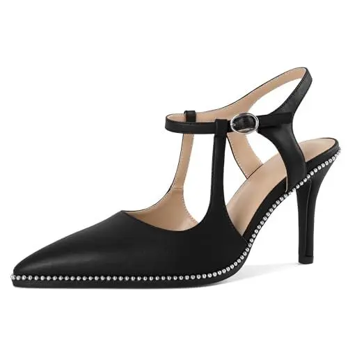 Produktbild: EDEFS Damen Slingback Pumps Knöchelriemen Pumps mit Spitzer Zehe und 9 cm Stiletto Perlen T-Strap Pumps mit Verstellbarem Schnallenverschluss Elegante Schuhe Schwarz EU37