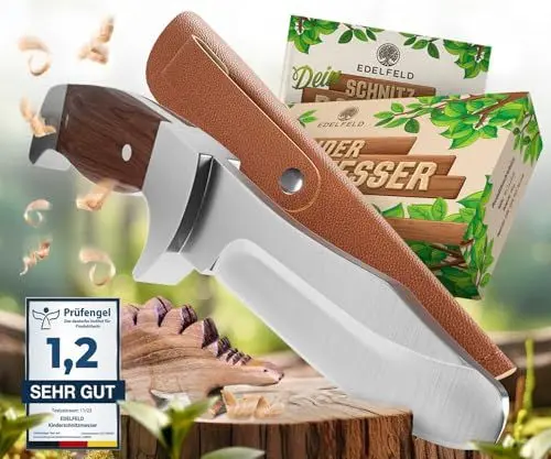 Produktbild: EDELFELD - Schnitzmesser Kinder ab 6 Jahre - Sicheres Taschenmesser Kinder mit Fingerschutz - Kinder Schnitzmesser für Links- & Rechtshänder - Kreatives Kinderschnitzmesser inkl. Scheide & Schnitzbuch