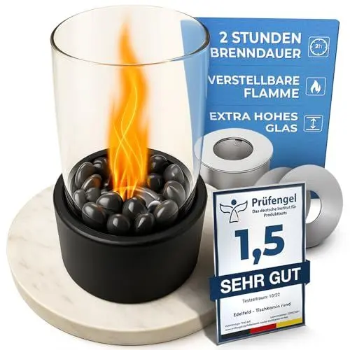 Produktbild: Edelfeld - Wärmender Tischkamin für Garten Terrasse Balkon Tisch Deko - Bioethanol Tischfeuer für Indoor & Outdoor - Verstellbare Flamme - Bio Ethanol Kamin inkl. Flammenringe und Schwarze Dekosteine