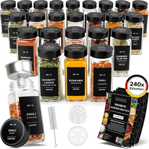 Produktbild: EDELHAUS Gewürzgläser Eckig Set mit Deckel (24 x 120ml) Gewürzstreuer mit Streueinsatz und 240 Etiketten Schwarz - Hochwertige Gewürzbehälter, Gewürzdosen, Gewürze organizer (10,7cm x 4,5cm)