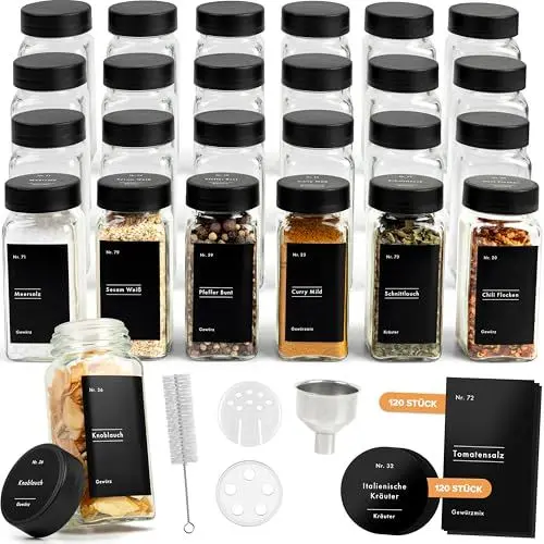 Produktbild: EDELHAUS Gewürzgläser Eckig Set mit Schwarzem Deckel (24 x 120ml) Gewürzstreuer mit Streueinsatz und 240 Etiketten Schwarz - Gewürzbehälter, Gewürzdosen, Gewürze organizer (10,5cm x 4,5cm)