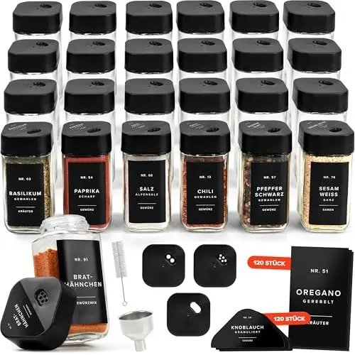 Produktbild: EDELHAUS Gewürzgläser Eckig Set mit Streueinsatz (24 x 120ml) Gewürzstreuer mit 240 Etiketten Schwarz - Hochwertige Gewürzbehälter, Gewürzdosen (24x Verstellbarer Deckel)