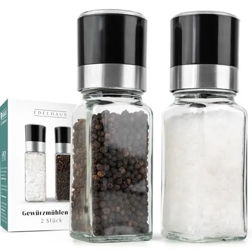 Produktbild: EDELHAUS Gewürzgläser Eckig mit Pfeffermühle (2x 120ml) - Salzmühle 2er Set Gewürzstreuer, Gewürzbehälter